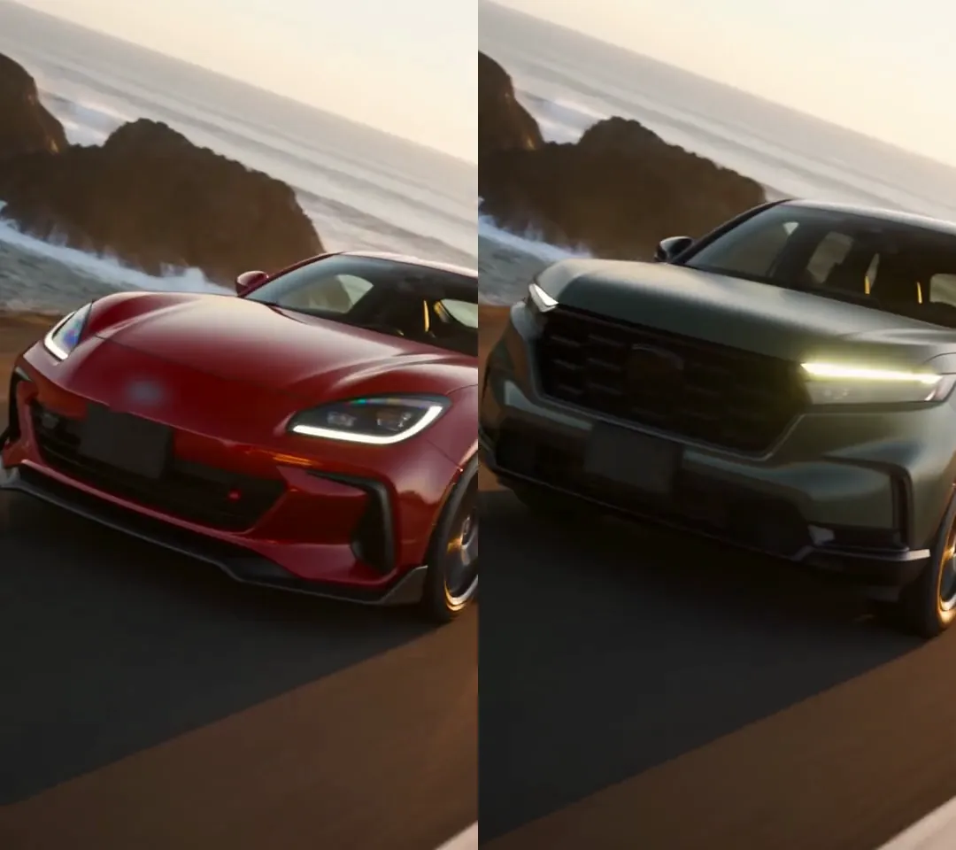 Front shot side by side: the original red sports coupe on a coastal road at golden hour on the left, a matte dark green SUV in the same spot and light on the right, the coupe's badge blurred
