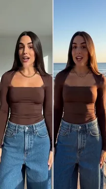 Un video lado a lado: el original en una sala de estar a la izquierda y su Swap en un paseo de madera junto a la playa a la derecha.
