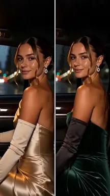 One video side by side: the original's gold gown on the left, its Swap in green velvet on the right.