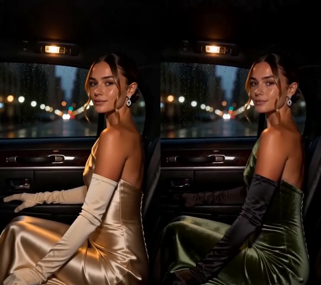 The car scene side by side: on the left, the original's gold satin gown and long cream gloves; on the right, the version Hermes made, with a green velvet gown and long black gloves on the same woman in the same pose
