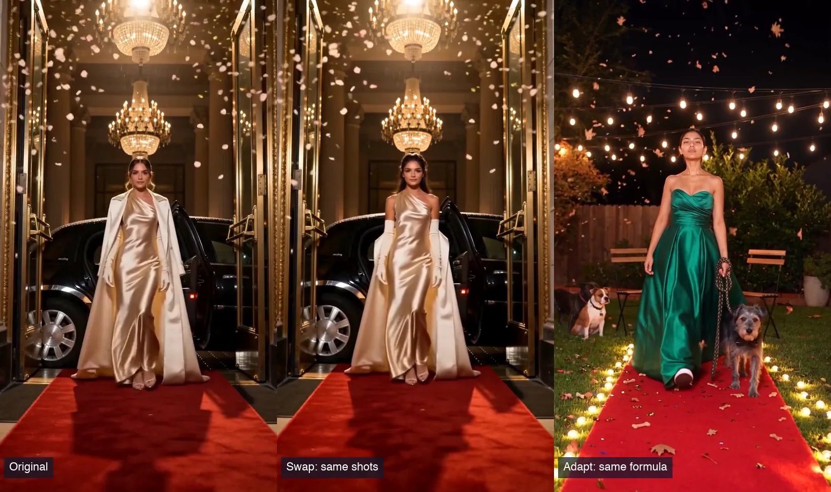 Three columns from the same 12-second clip: the original woman, the Swap with our saved character in the same scenes, and the Adapt with the same character in her own backyard story