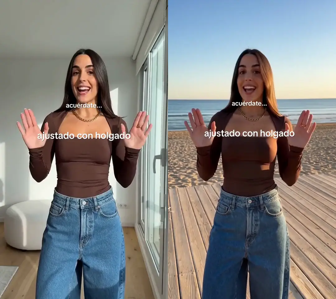 The first shot side by side: the original in a living room on the left, the Swap on a beach boardwalk on the right, with the same woman, the same top, jeans and necklace, and both hands raised