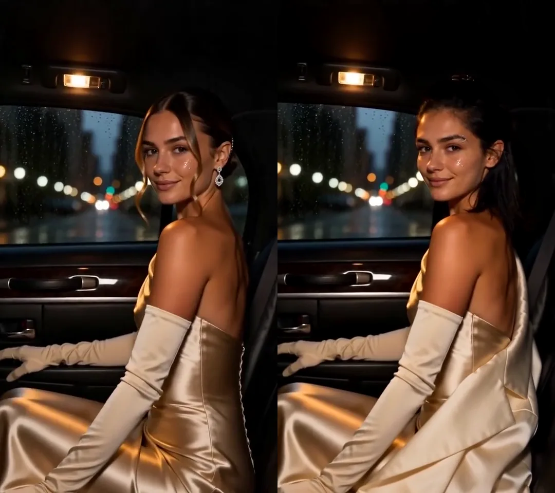 The car scene side by side: the original woman on the left, our saved character in her place on the right, in the same gown and pose