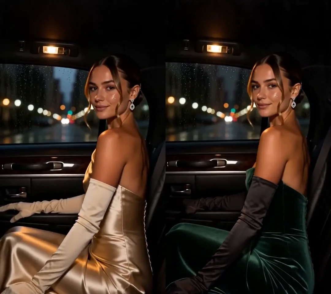 The car scene side by side: the original's gold satin gown on the left, the Swap's emerald velvet gown on the right
