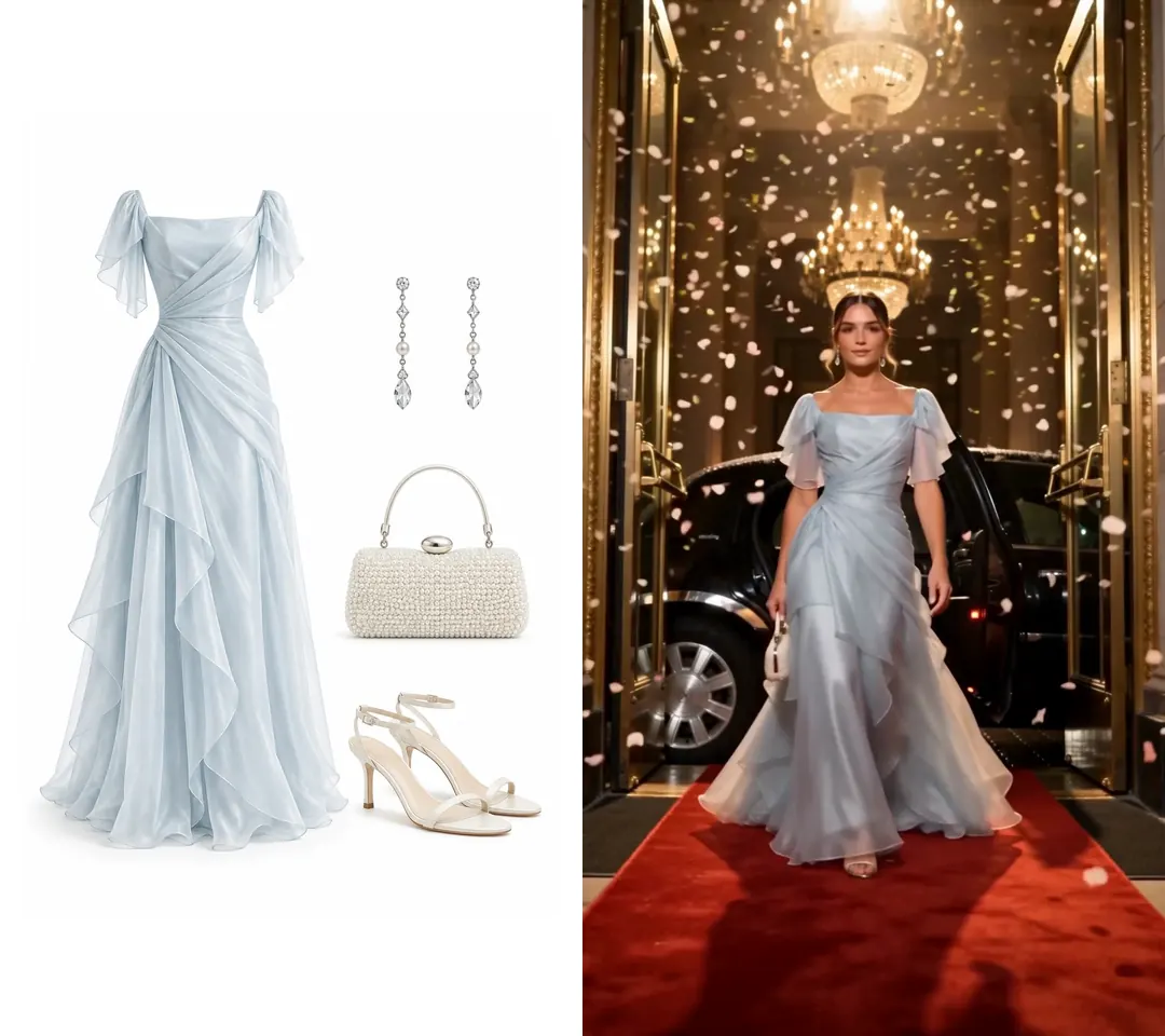 On the left, the outfit photo: a light blue gown, drop earrings, a pearl clutch and white heels. On the right, the red-carpet scene of the Swap, with her wearing the gown and carrying the clutch