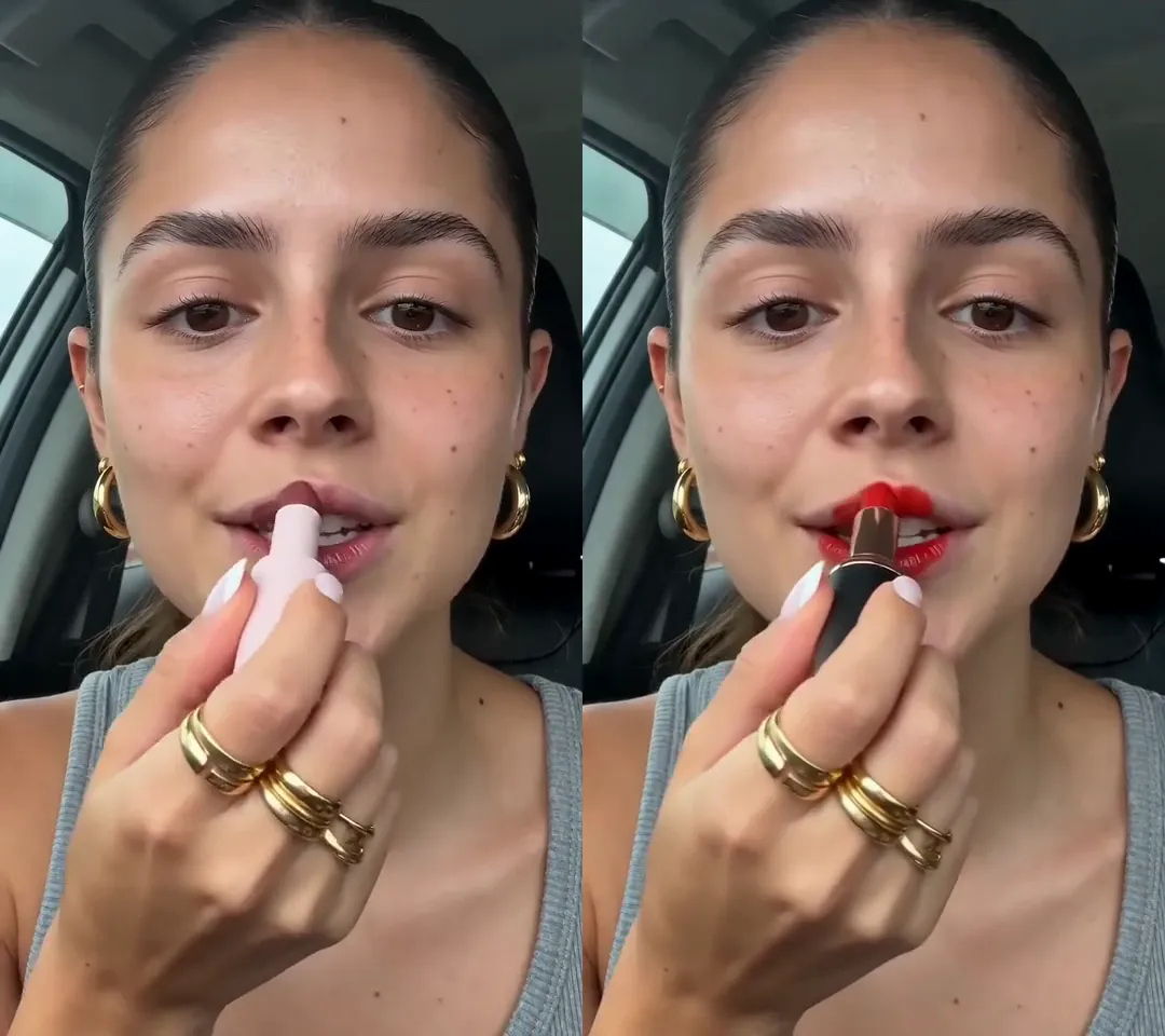 The same car selfie side by side: the original's pink lipstick on the left, the swapped matte-black lipstick with a coral-red shade on the right